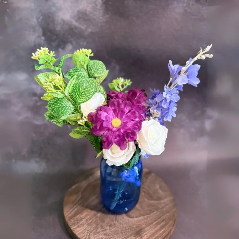 Vibrant Faux Floral Arrangement in Blue Mason Jar w/ LED Lights – Home Décor